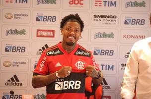 Marinho veste a camisa do Flamengo em sua apresentação (Foto: Gilvan de Souza/Flamengo)