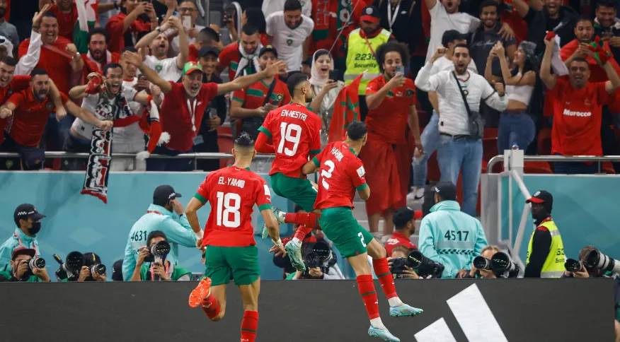Marrocos comemora seu gol contra Portugal nas quartas de final da Copa do Mundo do Catar