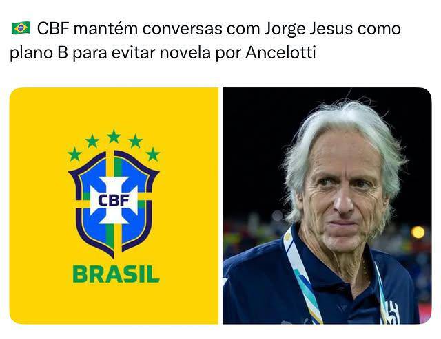 Jorge Jesus e considerado o plano B da CBF, que quer contratar Ancelotti.