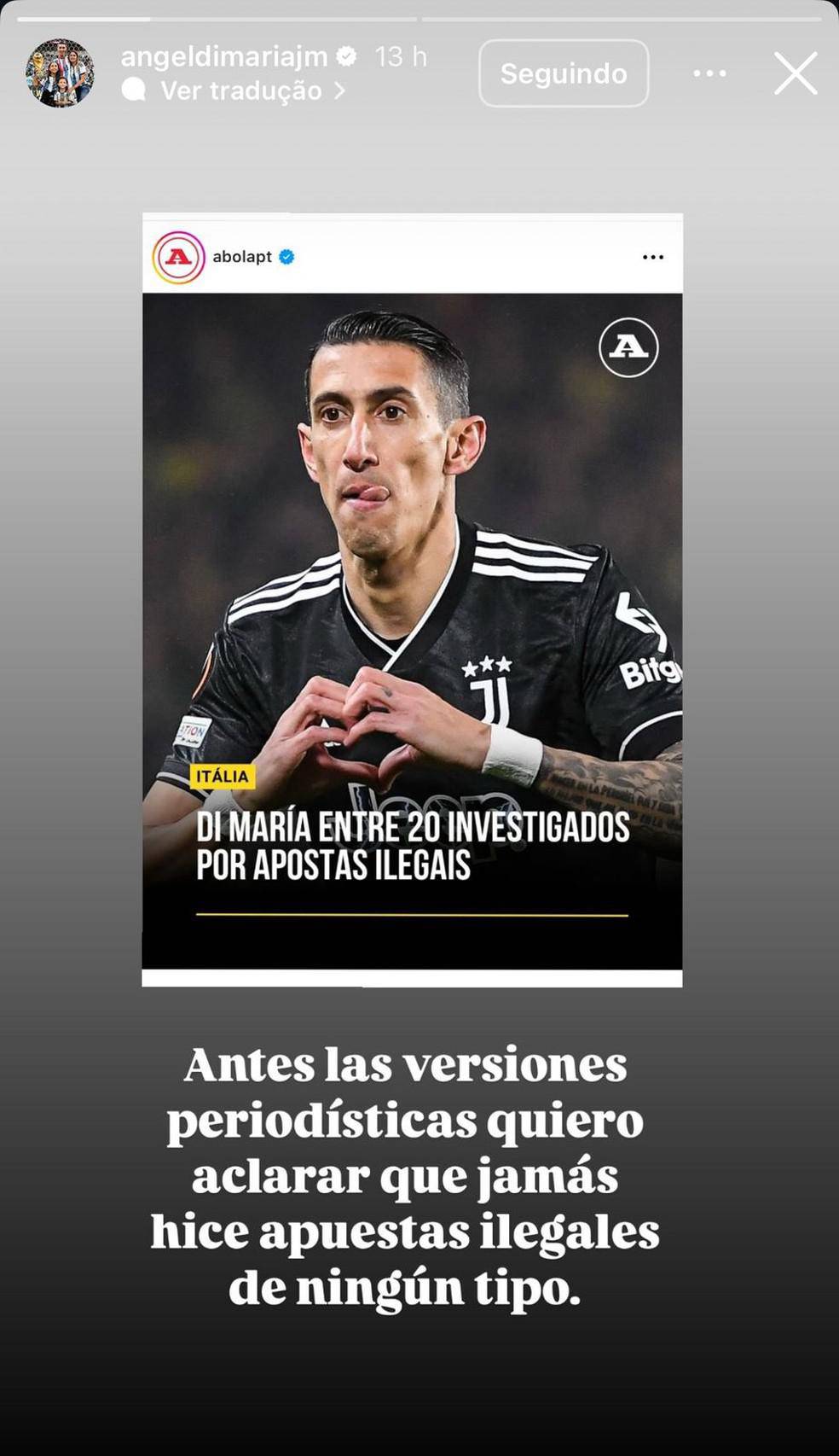 Di Maria se defende de acusacoes em suas redes sociais