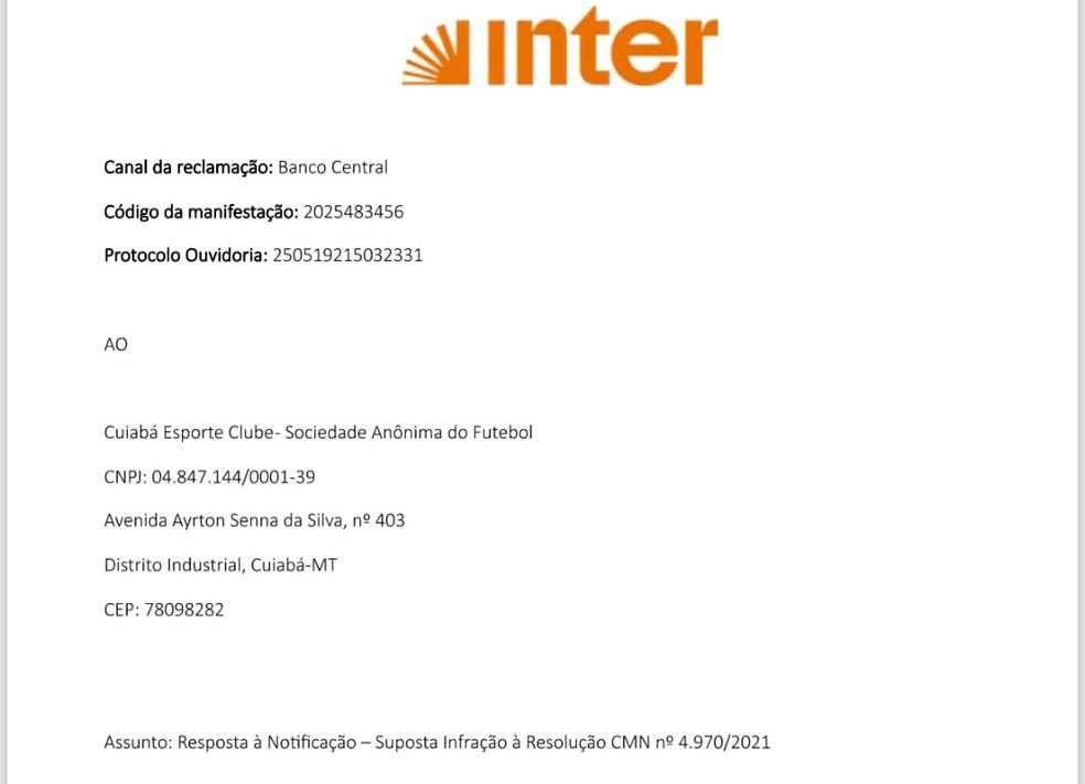 Oficio com papel timbrado do Banco Intert, com assunto Resposta a notificacao Suposta infracao a Resolucao CMN no 4.970/2021