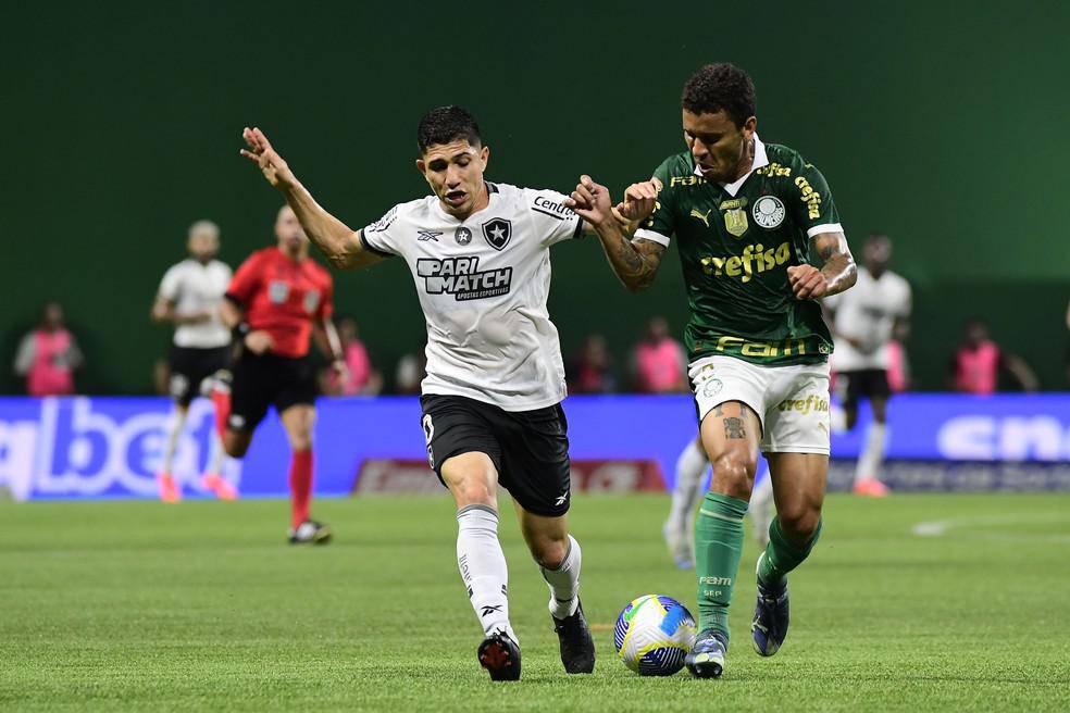 Savarino disputa a bola com Marcos Rocha em Palmeiras x Botafogo