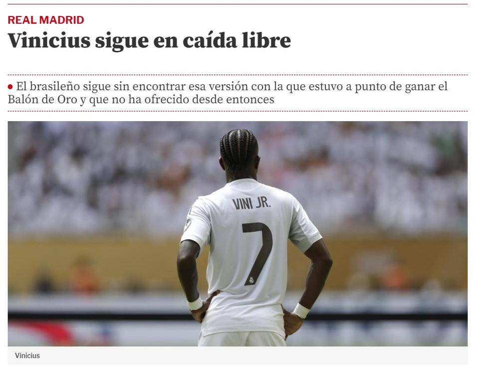 Vinicius Junior e criticado por jornal da Espanha