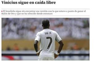 Vinicius Junior e criticado por jornal da Espanha (Foto: Reproducao/Mundo Deportivo)