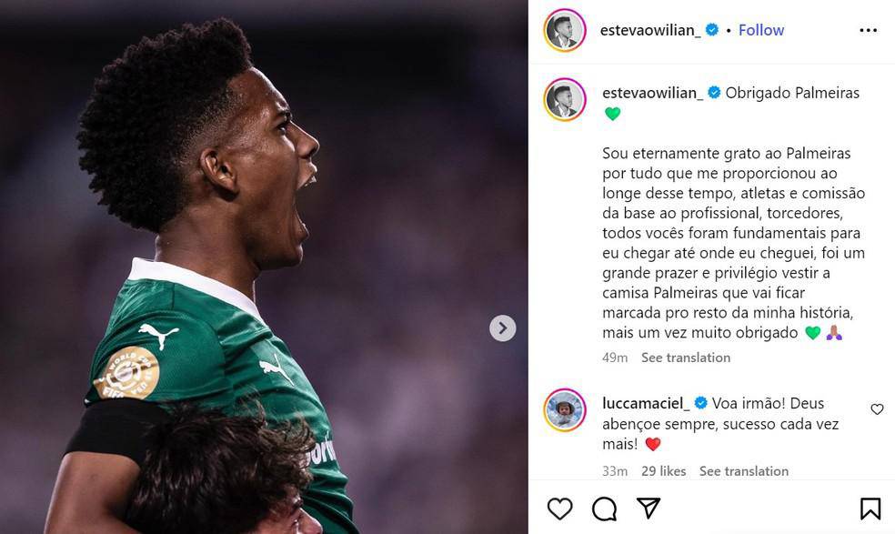 Estevao se despede do Palmeiras