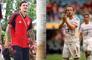 Jornalista ingles desabafa sobre comparacao entre Pedro e Harry Kane: Delirios do futebol brasileiro (Foto: Gilvan de Souza/Flamengo | Divulgacao/Bayern de Munique)
