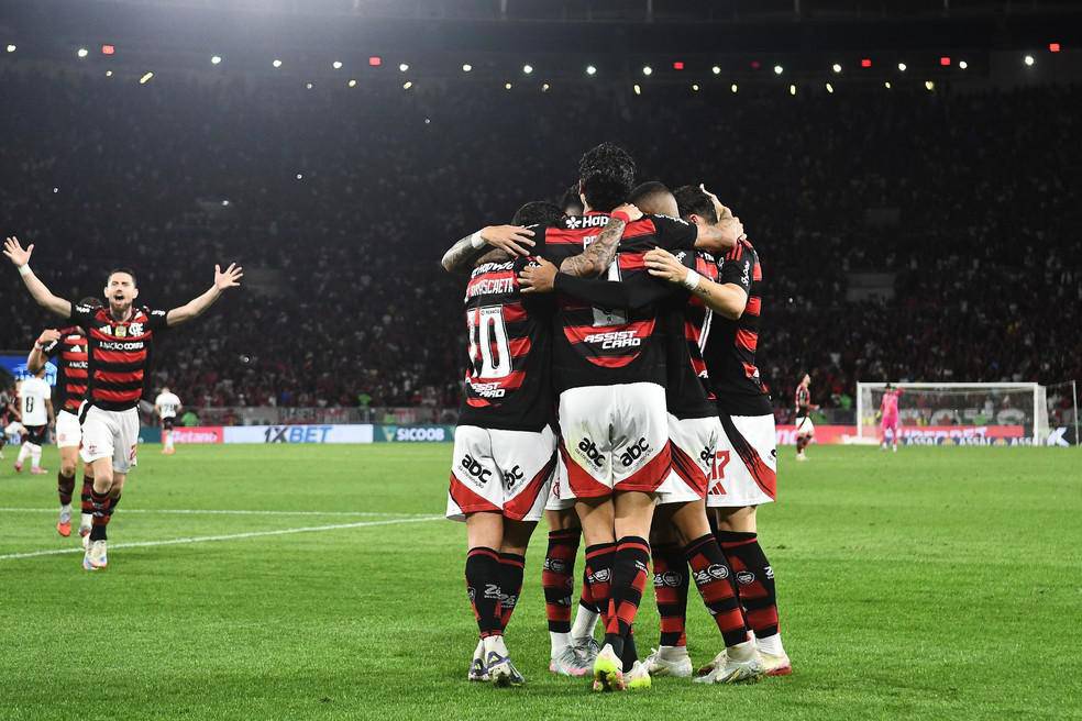 Jogadores comemoram apos gol em Flamengo x Vitoria