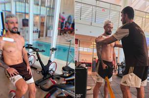 Arrascaeta em processo de recuperacao no CT do Flamengo apos fratura na clavicula direita (Foto: Reproducao)