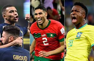 A Franca de Mbappe e Giroud, o Marrocos de Hakimi e o Brasil de Vinicius Junior estao no top-8 da Copa do Catar. (Foto: Montagem com fotos de AFP)