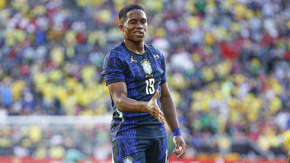Endrick celebrando o gol marcado em Brasil x Egito, em amistoso preparatorio a Copa do Mundo de 2026