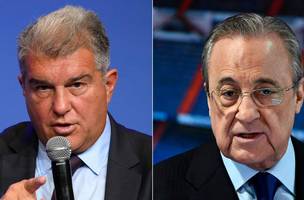 Joan Laporta e Florentino Perez, presidentes de Barcelona e Real Madrid (Foto: LLUIS GENE / AFP e OSCAR DEL POZO / AFP)